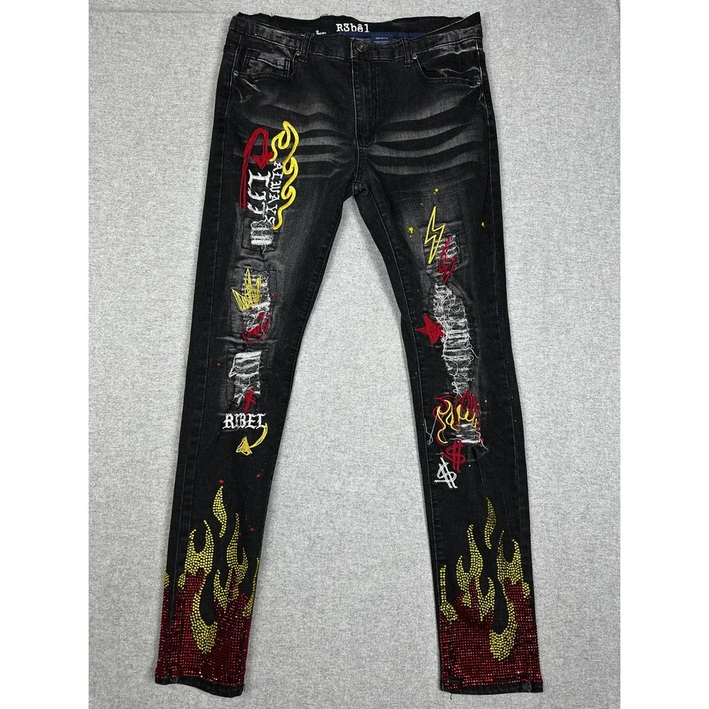 Always Lit Jeans 36x32 Black Rhinestone Jewel Flame Graphic R3bel Streetwear